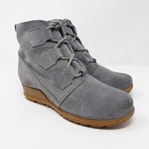 NWOB Sorel Gray Suede Evie Ankle Lace Up Booties Women's Size 9.5 Wedge Heel